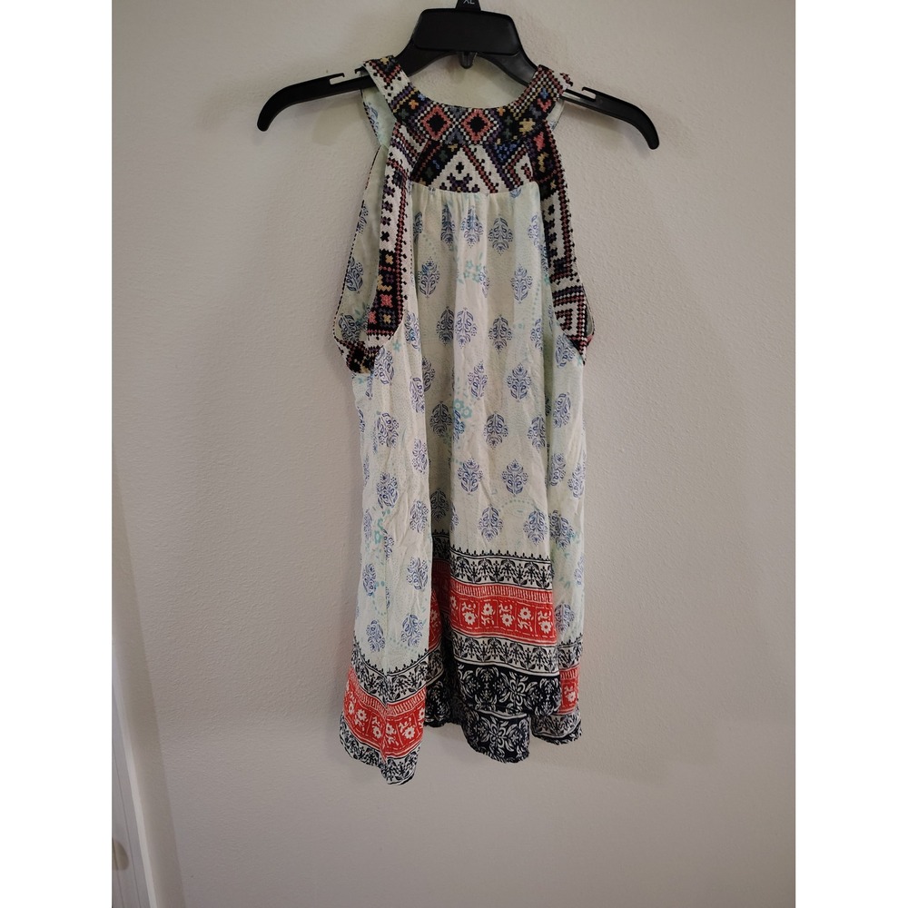 Umgee USA Boho Halter Neck Top ‎ Blue Red Geometric Floral Embroidered Blouse